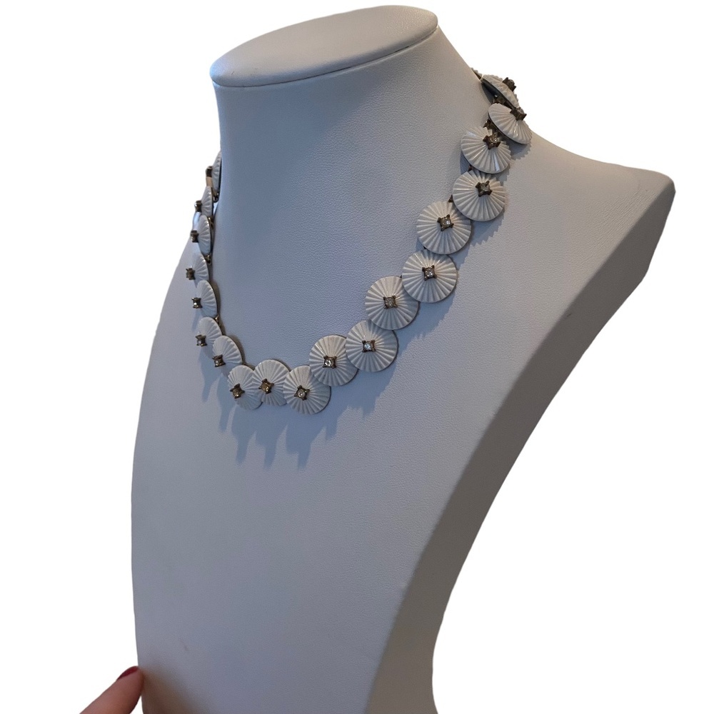 Crown Trifari white disks necklace Milk Glass Rhinestone Necklace Pom Pom Design - Picture 6 of 9